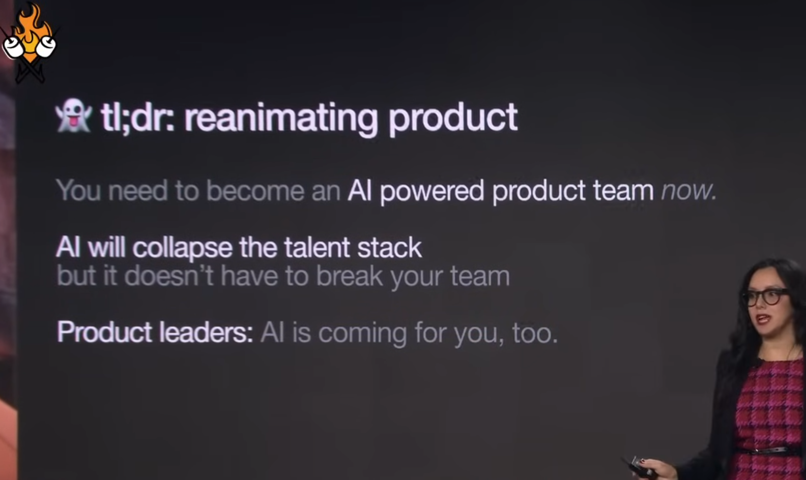 Claire Vo speaking about AI collapsing the talent stack at Lenny & Friends Summit 2024