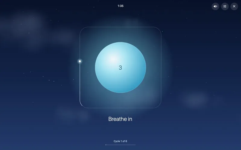 Breathe Free on a Mac: a glowing orb inside a box, with the cue “Breathe in”