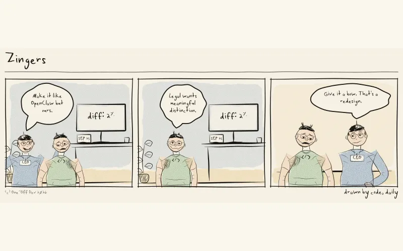 A three-panel Zingers comic strip drawn by code