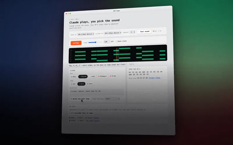 The OP-1 Jam window on a Mac, with a loop Claude wrote laid out as rows of notes